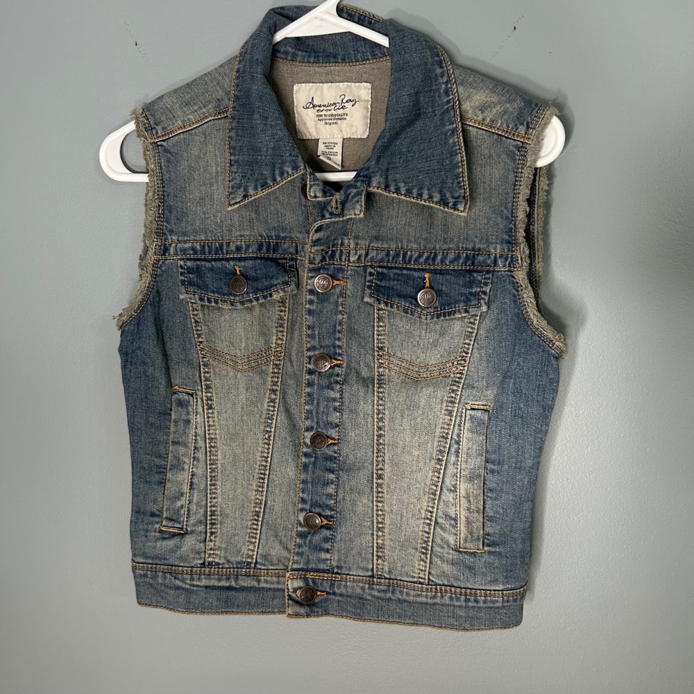 American Rag Cie Womens Small Denim Vest Frayed Sleeveless biker trucker grunge